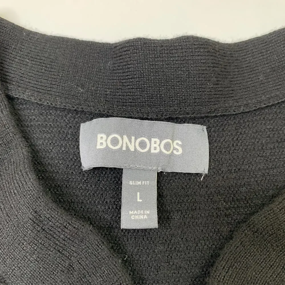 Bonobos Sweater Mens L Large Black Merino Wool Henley SLIM Fit Knit Pullover